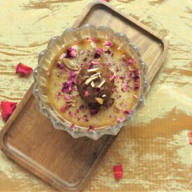 Gulab jaum with kesar pudding - whole food plant based - Poshak Life